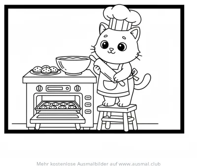 Katze mit Kochmütze backt Kekse Ausmalbild