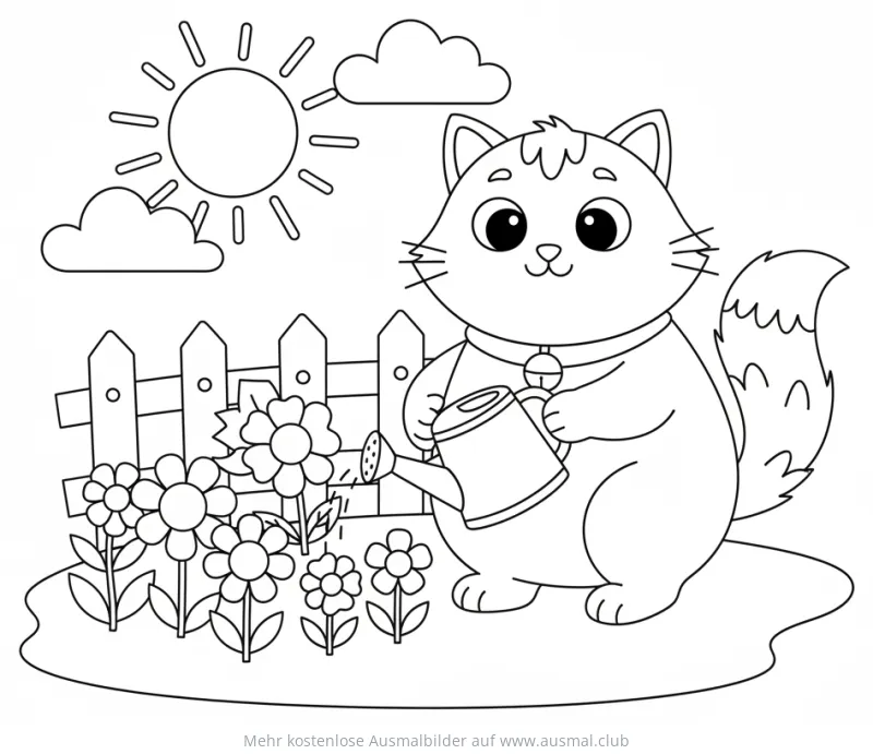 Katze gießt Blumen mit Gießkanne Ausmalbild
