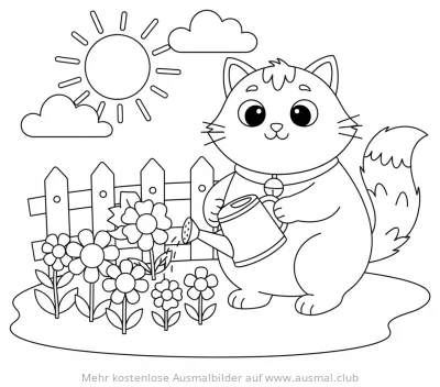 Katze gießt Blumen mit Gießkanne Ausmalbild