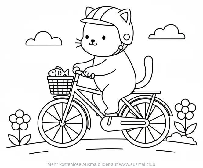 Katze mit Helm fährt Fahrrad Ausmalbild