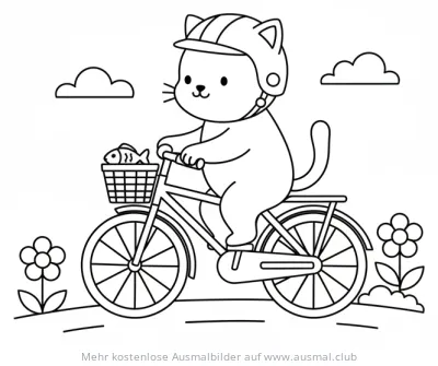 Katze mit Helm fährt Fahrrad Ausmalbild
