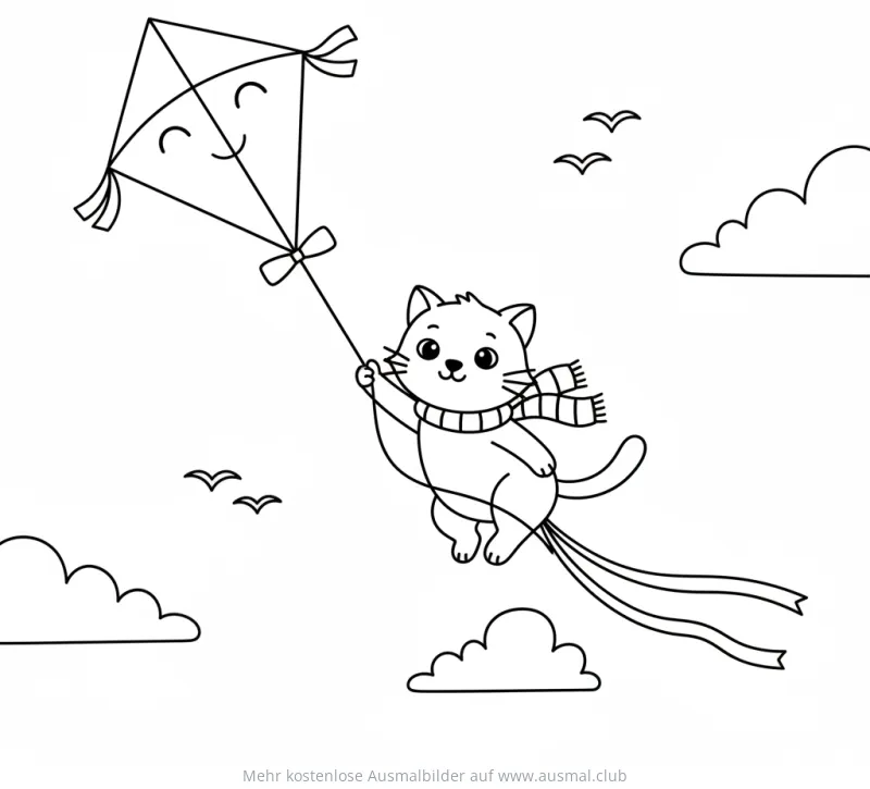 Katze mit Drachen im Himmel Ausmalbild