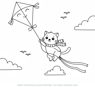 Katze mit Drachen im Himmel Ausmalbild