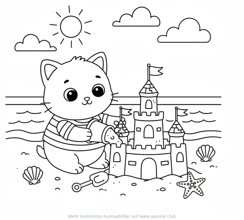 Katze baut Sandburg am Strand Ausmalbild