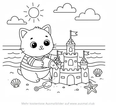 Katze baut Sandburg am Strand Ausmalbild