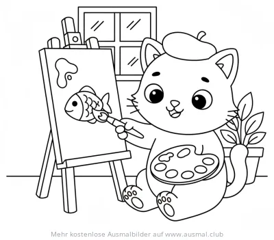 Katze mit Baskenmütze malt Fisch auf Staffelei Ausmalbild