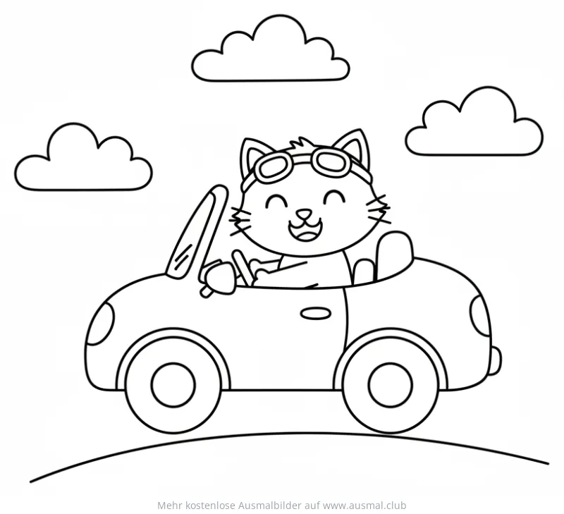 Katze mit Fliegerbrille im Cabrio Ausmalbild