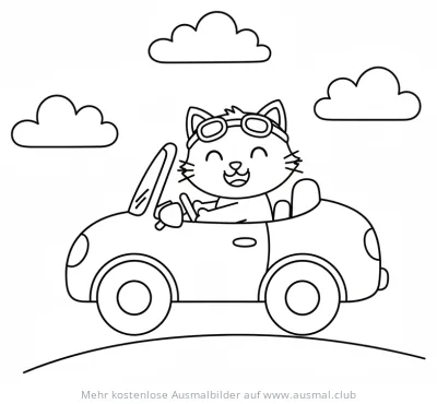 Katze mit Fliegerbrille im Cabrio Ausmalbild