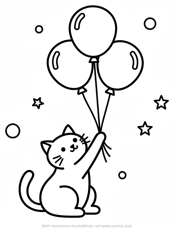 Katze hält Ballons Ausmalbild mit Sternen und Kreisen