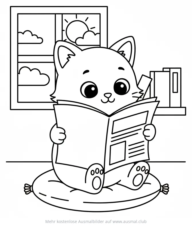 Cartoon Katze liest Zeitung auf Kissen Ausmalbild