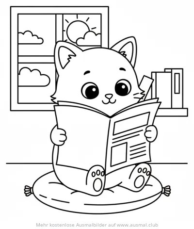 Cartoon Katze liest Zeitung auf Kissen Ausmalbild