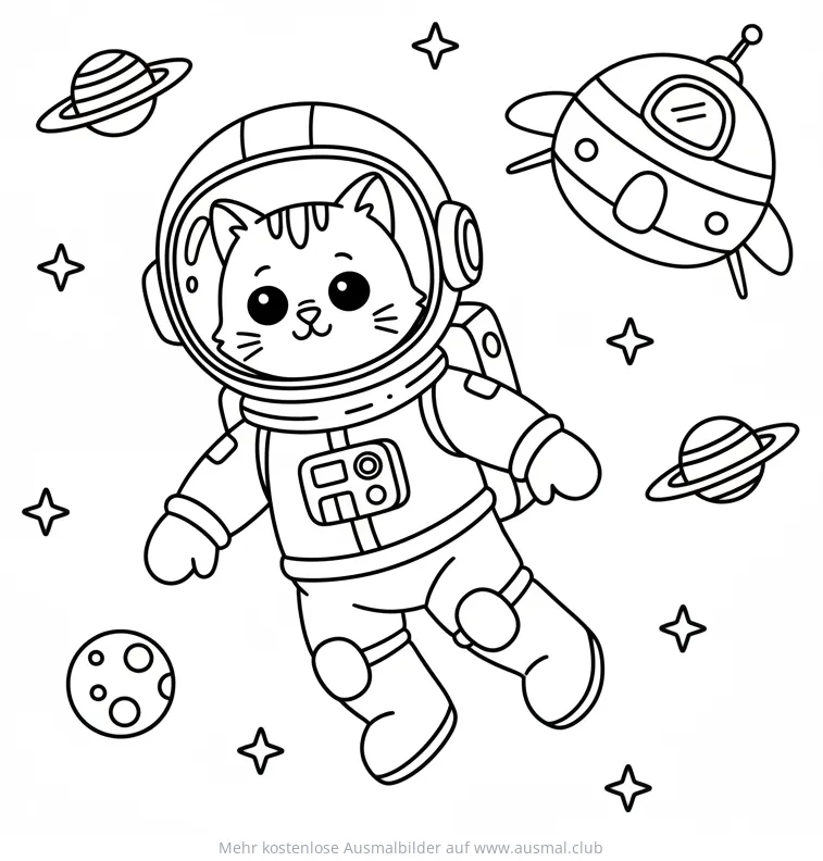 Katze als Astronaut im Weltall Ausmalbild