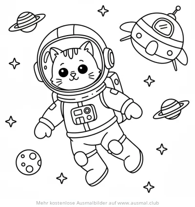 Katze als Astronaut im Weltall Ausmalbild