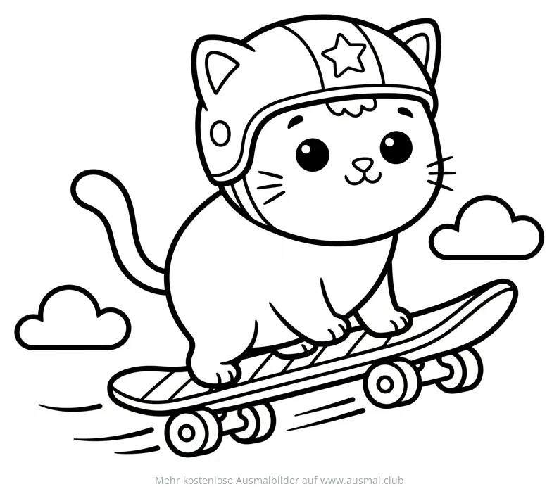 Katze mit Helm auf Skateboard Ausmalbild