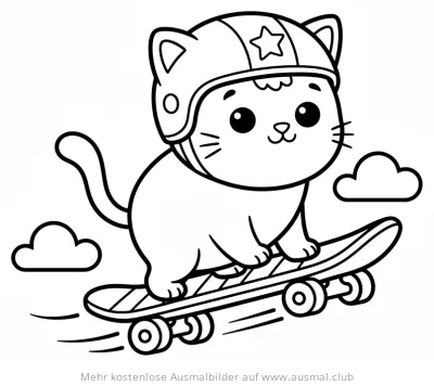 Katze mit Helm auf Skateboard Ausmalbild