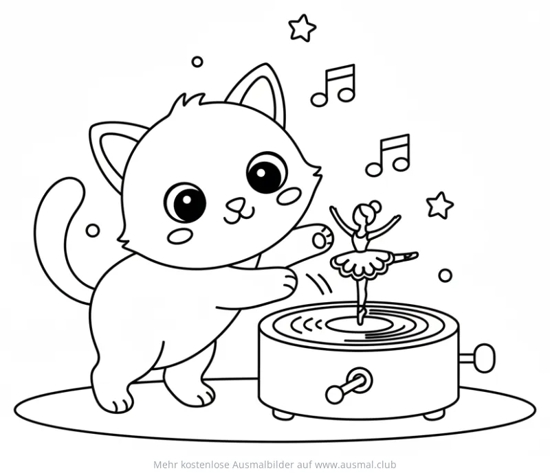 Katze betrachtet tanzende Ballerina auf Spieldose Ausmalbild