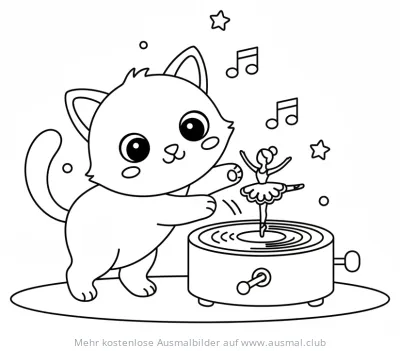 Katze betrachtet tanzende Ballerina auf Spieldose Ausmalbild