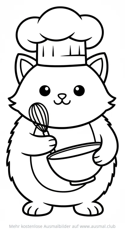 Koch Katze mit Schneebesen und Schüssel Ausmalbild