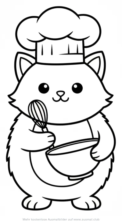Koch Katze mit Schneebesen und Schüssel Ausmalbild