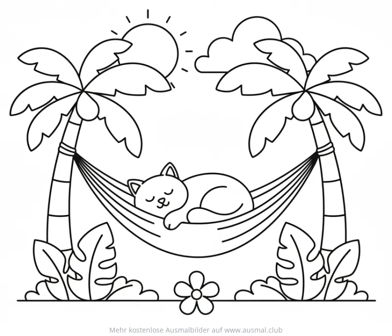 Katze schläft in Hängematte zwischen Palmen Ausmalbild