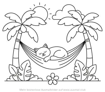 Katze schläft in Hängematte zwischen Palmen Ausmalbild