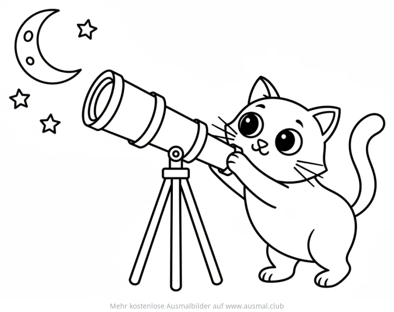 Katze beobachtet mit Teleskop Sterne und Mond Ausmalbild