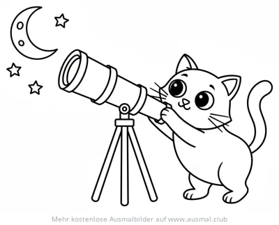 Katze beobachtet mit Teleskop Sterne und Mond Ausmalbild
