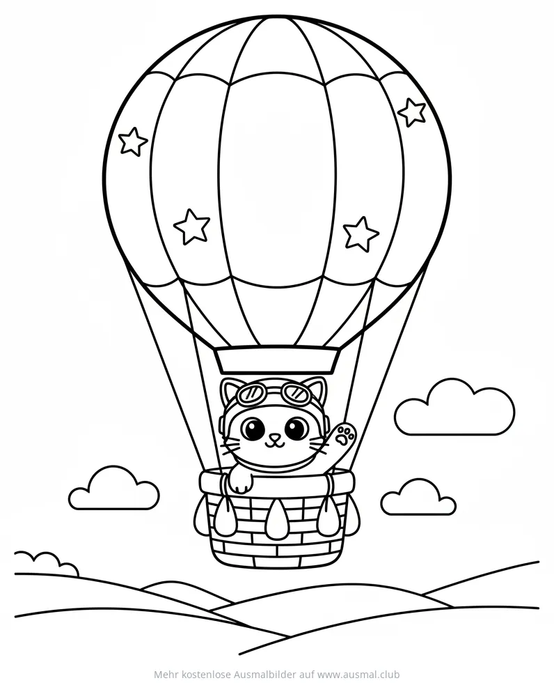 Katze mit Fliegerbrille im Heißluftballon Ausmalbild