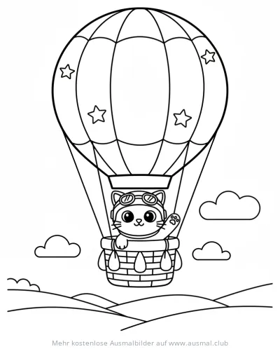 Katze mit Fliegerbrille im Heißluftballon Ausmalbild