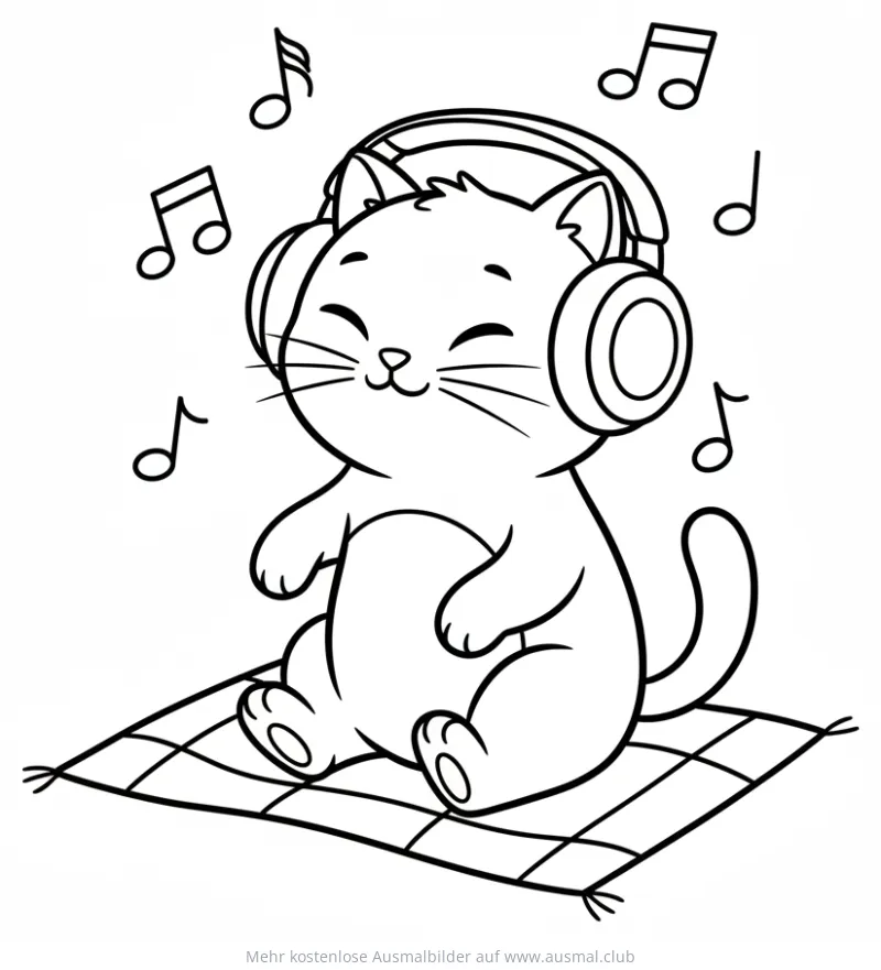 Katze mit Kopfhörern sitzt auf Decke Ausmalbild