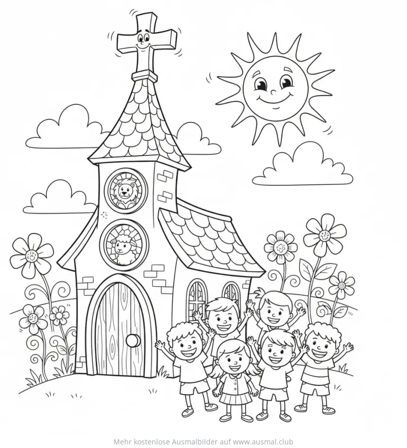 Cartoon Kirche mit lächelndem Kreuz und Kindern Ausmalbild