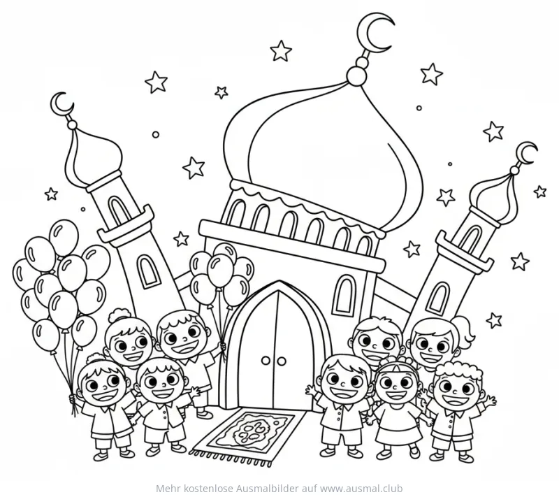 Moschee mit Kindern und Luftballons Ausmalbild