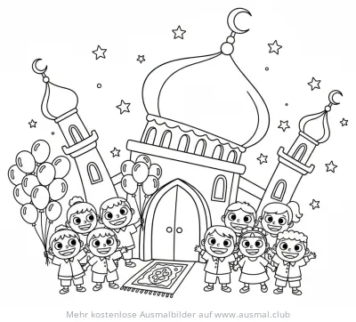 Moschee mit Kindern und Luftballons Ausmalbild