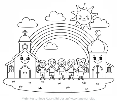 Kirche, Moschee, Regenbogen, Sonne und Kinder Ausmalbild