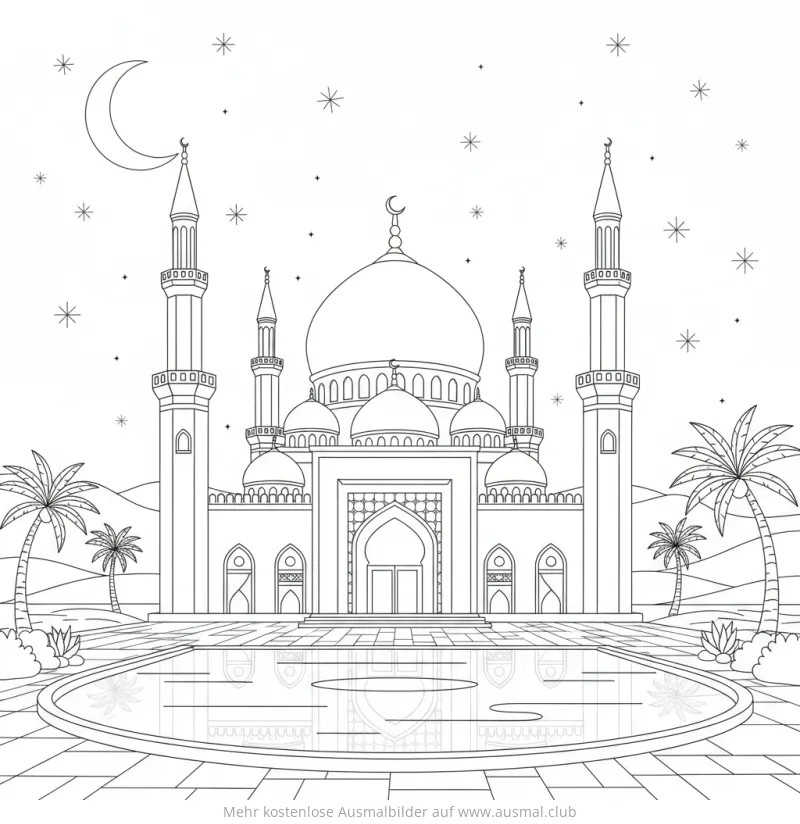 Moschee Ausmalbild in der Nacht mit Halbmond und Sternen