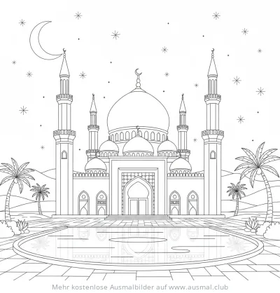 Moschee Ausmalbild in der Nacht mit Halbmond und Sternen