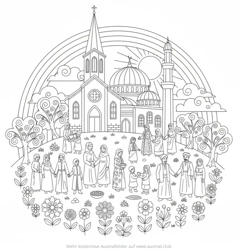 Kirchen und Moscheen Ausmalbild mit Menschen verschiedener Kulturen