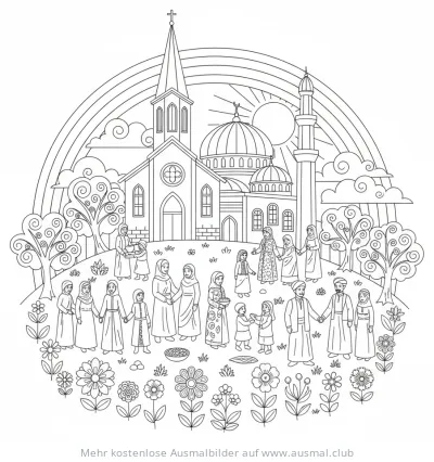 Kirchen und Moscheen Ausmalbild mit Menschen verschiedener Kulturen