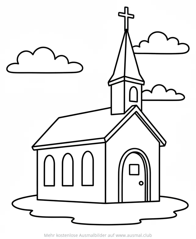 Cartoon Kirche Ausmalbild mit Wolken
