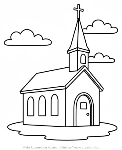 Cartoon Kirche Ausmalbild mit Wolken
