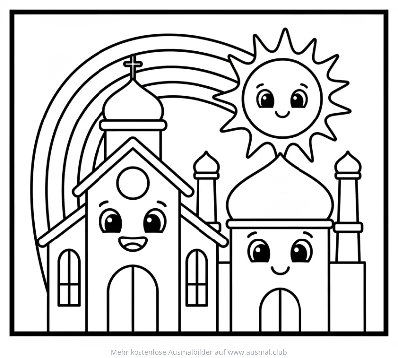 Freundliche Kirche und Moschee mit Sonne und Regenbogen Ausmalbild