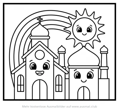Freundliche Kirche und Moschee mit Sonne und Regenbogen Ausmalbild