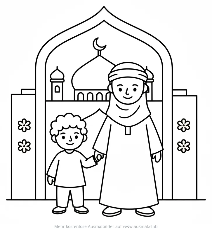 Mutter und Kind besuchen Moschee Ausmalbild