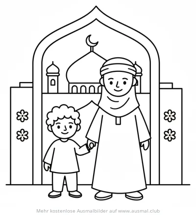 Mutter und Kind besuchen Moschee Ausmalbild