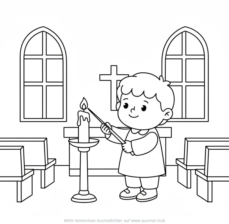 Junge zündet Kerze in Kirche an Ausmalbild
