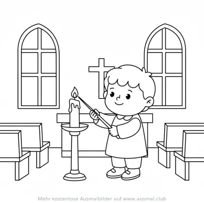 Junge zündet Kerze in Kirche an Ausmalbild