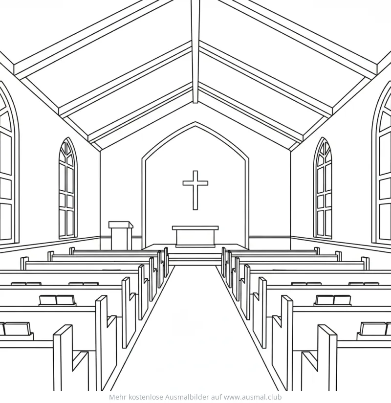 Kirchenbänke und Altar in Kirche Ausmalbild