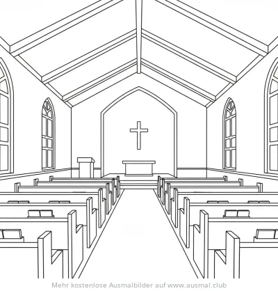 Kirchenbänke und Altar in Kirche Ausmalbild