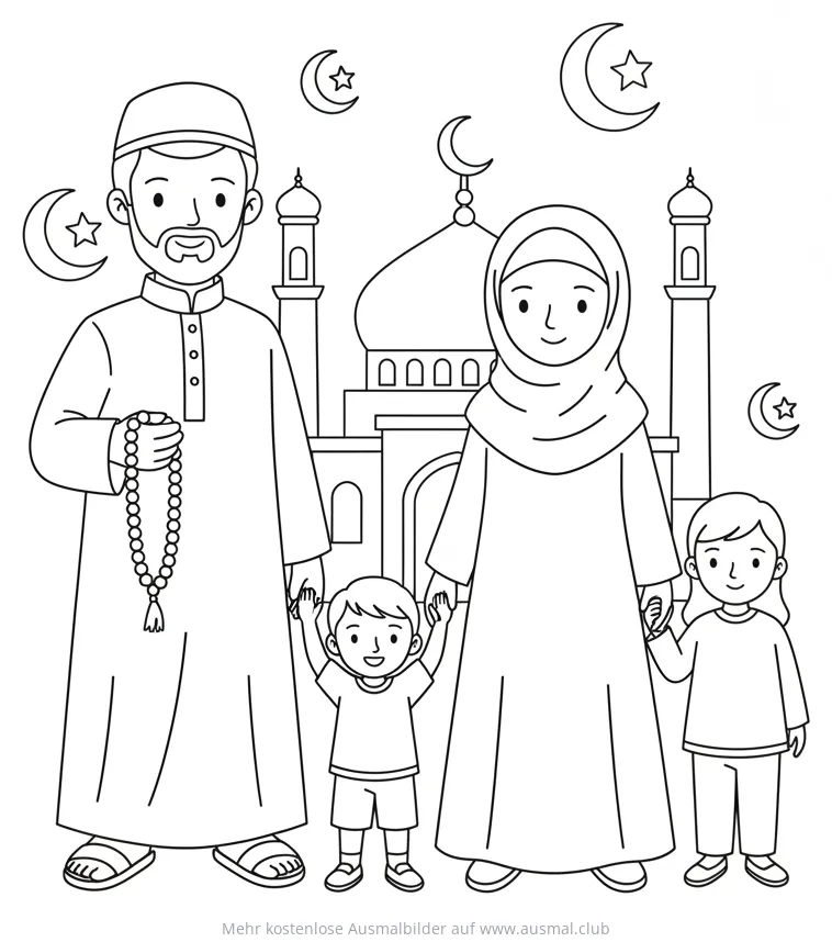 Familie mit Kindern vor Moschee und Mondsicheln Ausmalbild