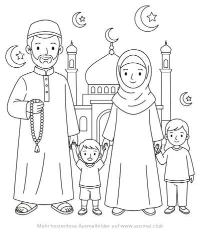 Familie mit Kindern vor Moschee und Mondsicheln Ausmalbild